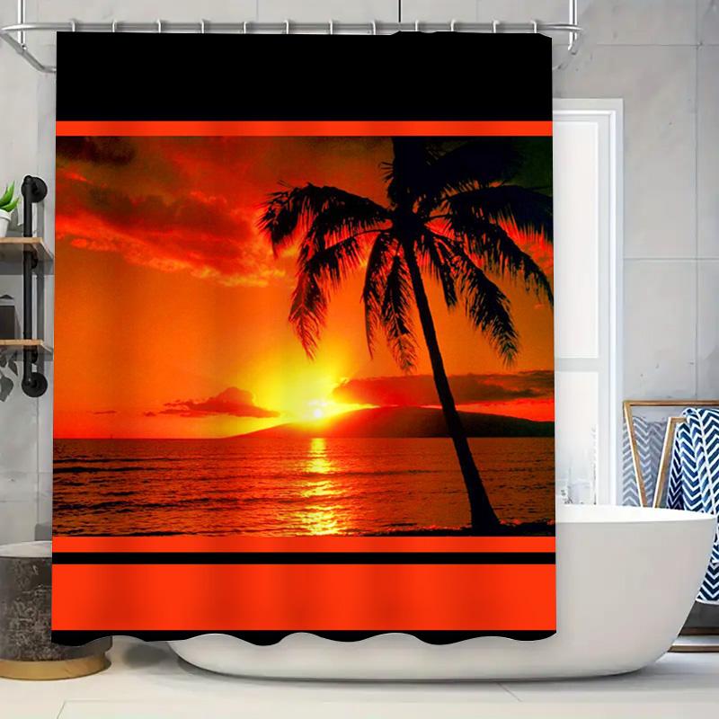 

Beautiful Sunset Palm Tree Shower Curtain Modern Bathroom Decor For Home Decoration Supplies Black Orange Red Waterfall Design W60H190(CM)-1 Pcs