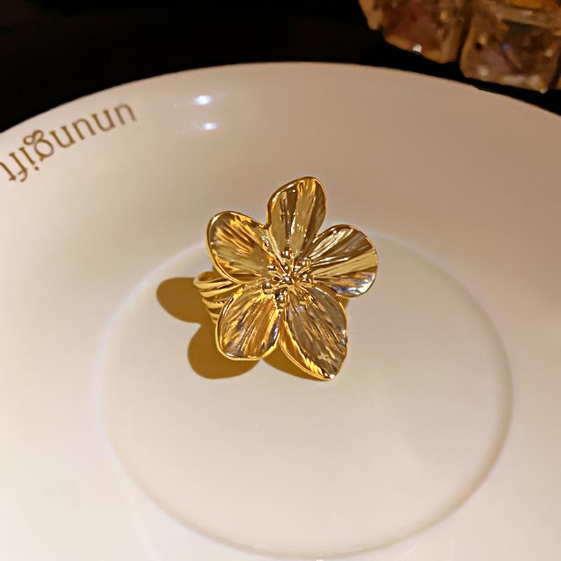 Real gold electroplated flower opening ring niche exaggerated design index ring personality fashion versatile hand jewelry