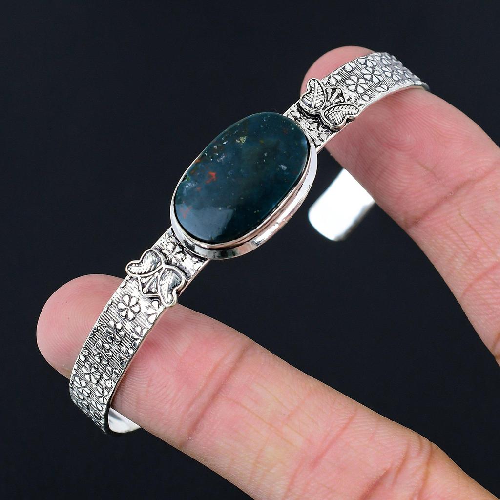Womens day Deal Oval Bloodstone Stone 925 Silver Birthday Unique Bangle Bracelet