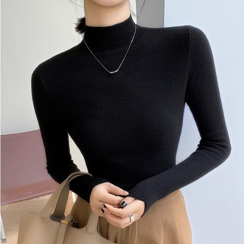 Autumn and Winter Semi High Neck Knitted Sweater Women Long Sleeve Solid Casual Base Sweaters Tops Office Lady Elegant Slim Fit Knitwear Jumper 25049