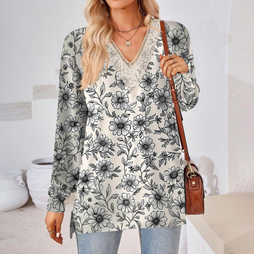 Womens Tops Loose V-neck Contrast Color Split Loose Long Sleeve T-shirt Women's Tops