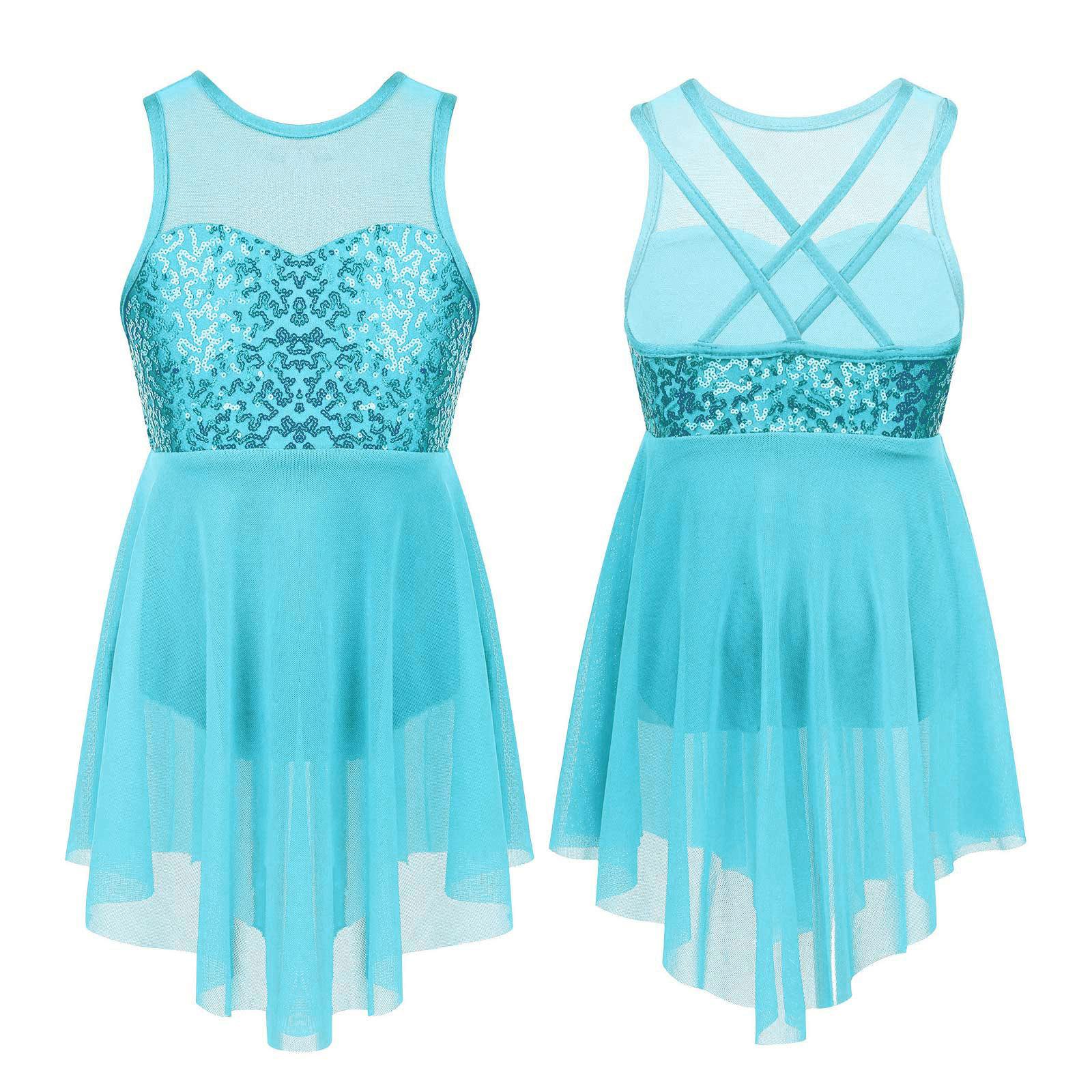 

Детское платье-трико для балета и танцев для девочек, платье-костюм для лирического танца с блестками и крест-накрест на спине, неровный подол 7-8 Years светло-синий