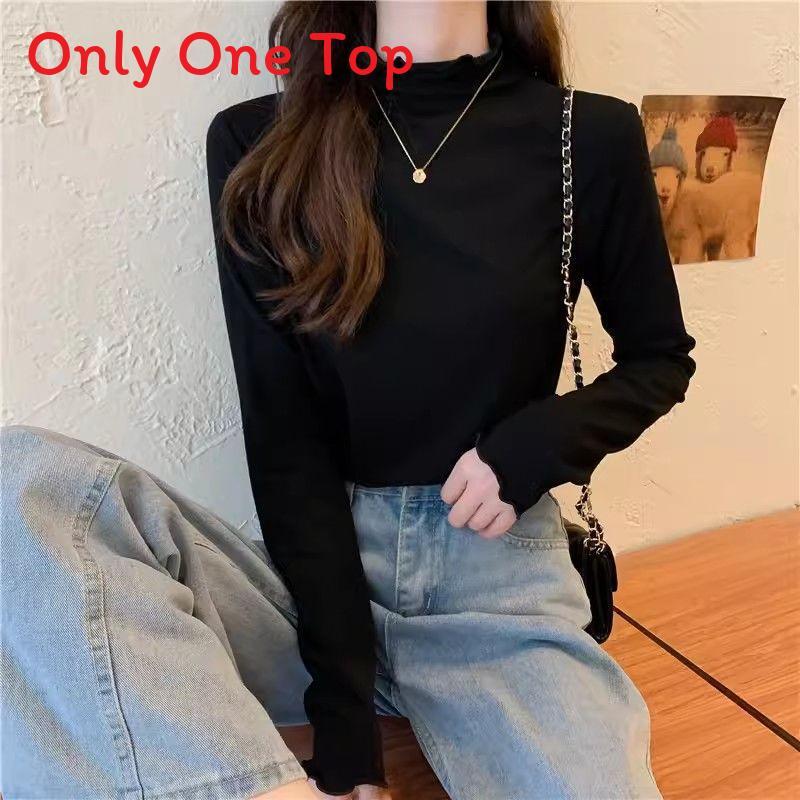 Spring Autumn Winter Knitwear T Shirt For Women With Wood Ears Trim And Half High Neck In Soft Fabric