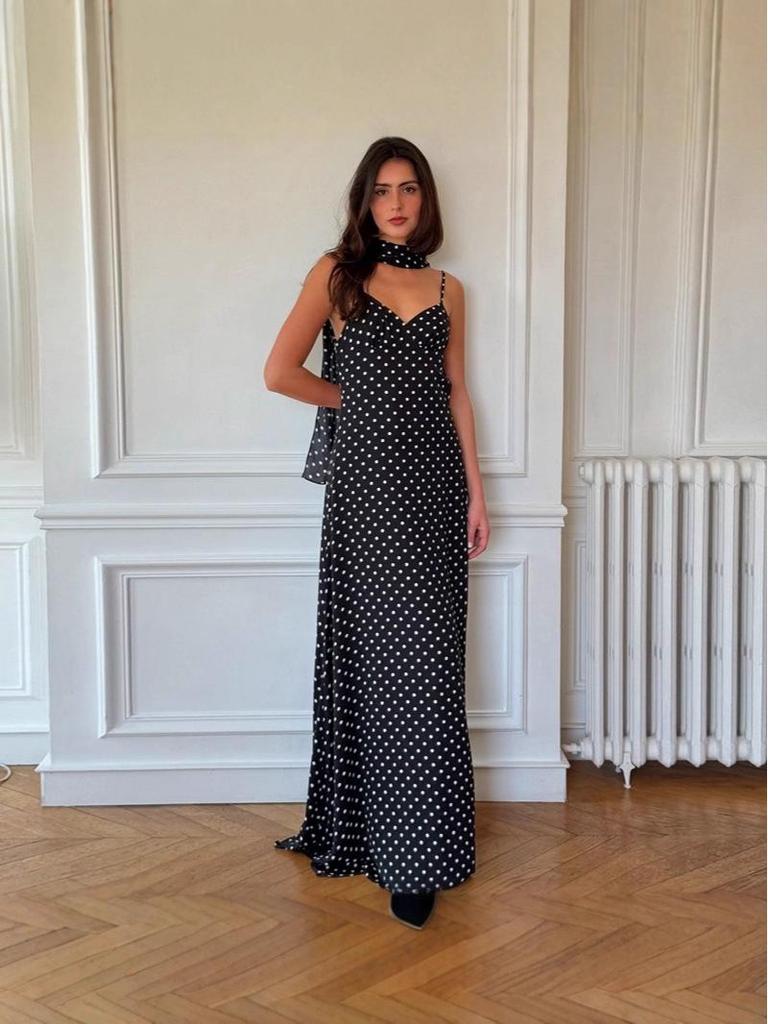 2026 European Summer Women's Polka Dot V-Neck Spaghetti Strap Backless Dress