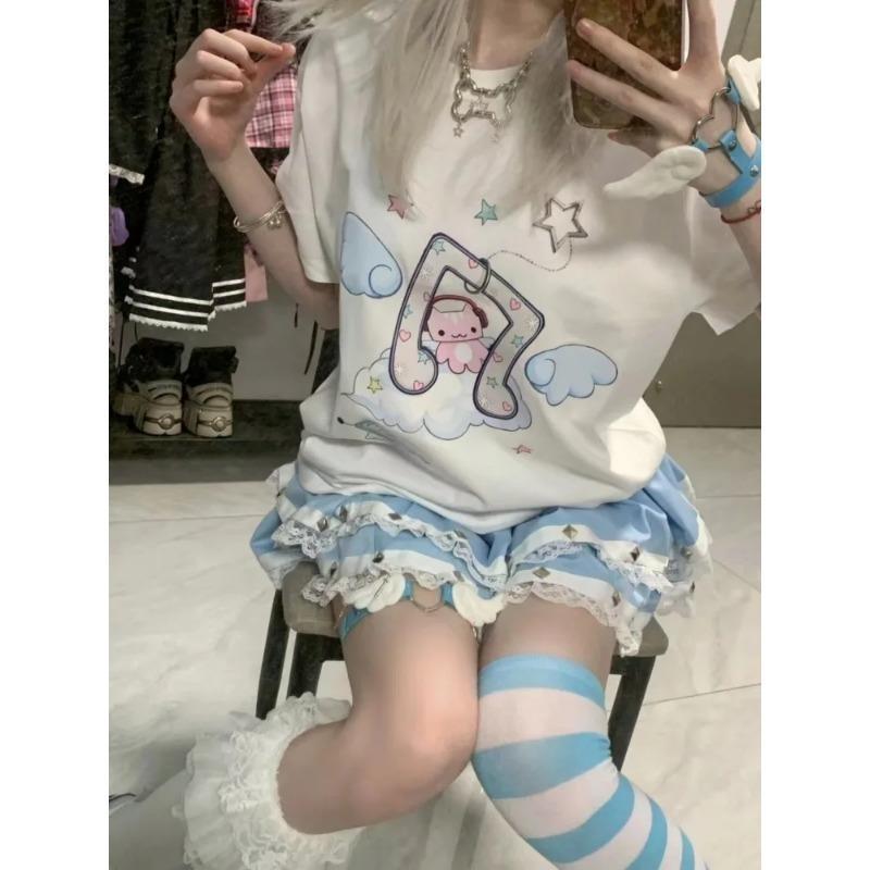 Summer Kawaii Sweet T Shirts Women Japanese Fashion Harajuku Streetwear Cartoon Print Loose Tees Tops Soft Gril 2026 Y2k