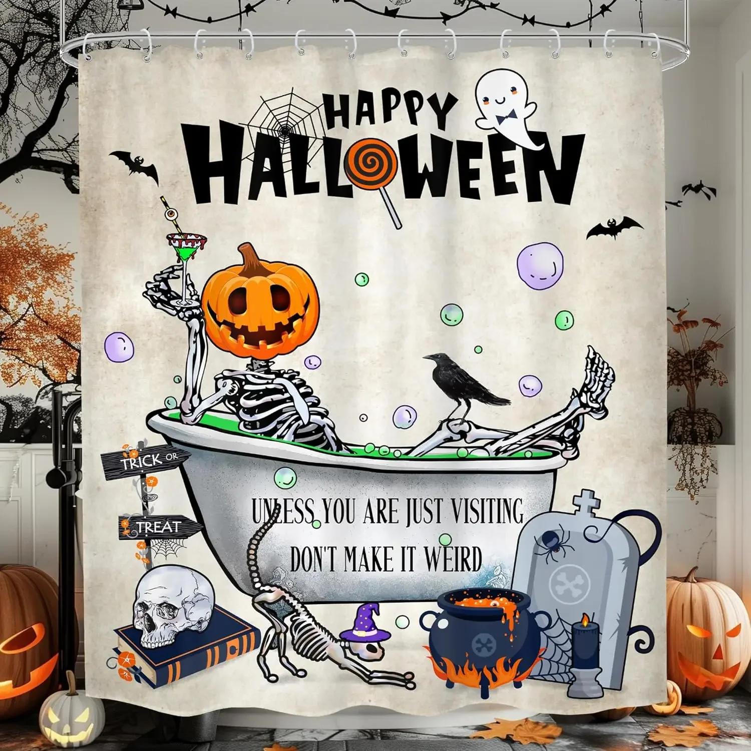 

Halloween Scary Spooky Shower Curtain Pumpkin Bat Spider Scary Skeleton Holiday Gift Shower Curtains Bathroom Decor With Hooks W60H190(CM)-1 Pcs
