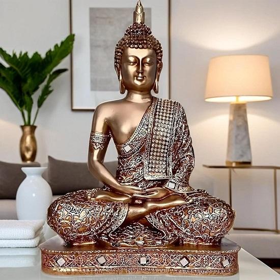 Meditating Sitting Buddha Statue showpiece Idol Home Decor Items for Living Room and Gifts Golden