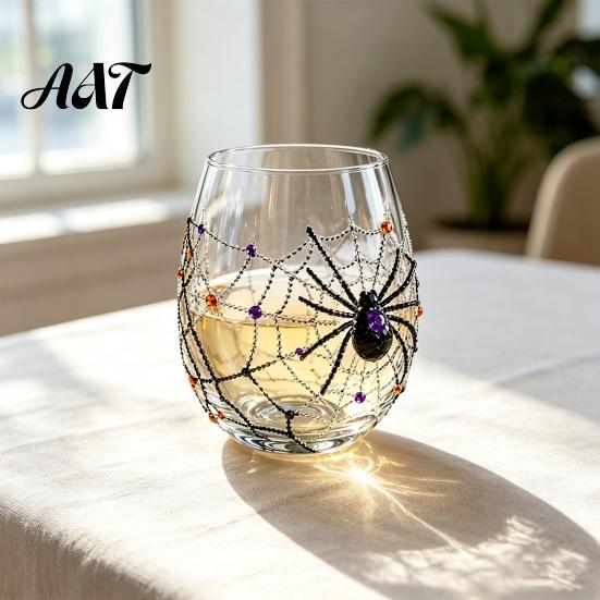 Halloween Party Glassware Ghost Whiskey Glass, Black Cat Spider Net Skull Tumbler for Decorative Kitchen Cocktail, 350ml Spooky Drinkware Home