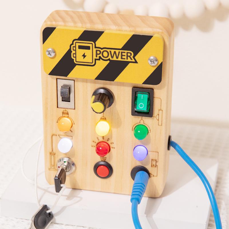 Wooden busy board circuit LED light simulation socket switch unlocking teaching aids life skills cognitive toys