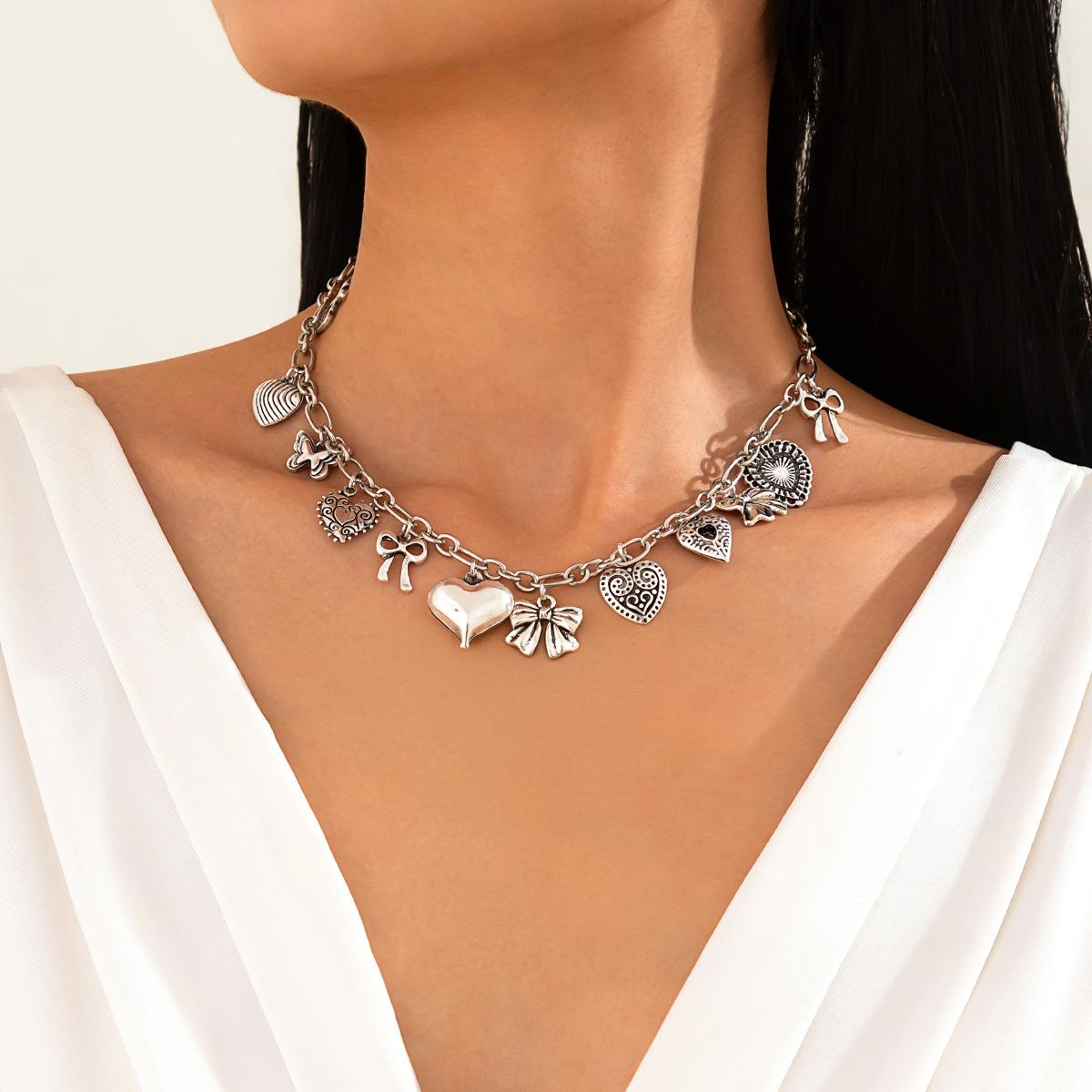 

Ожерелье в стиле панк с подвеской в виде сердца, золотисто-серебряного цвета, регулируемое ожерелье с цепочкой на ключицу и бантом, для женщин и девушек, летние украшения 2025 года