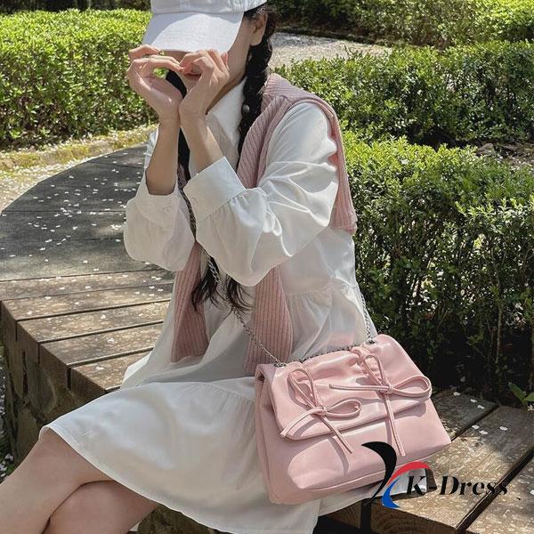 Loving Ribbon Leather Chain Shirring Square Flap Crossbody Shoulder Bag (4 Colors)