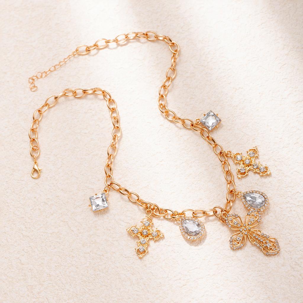 Hip Hop Cross Pendant Necklace Punk Rhinestone Accessory