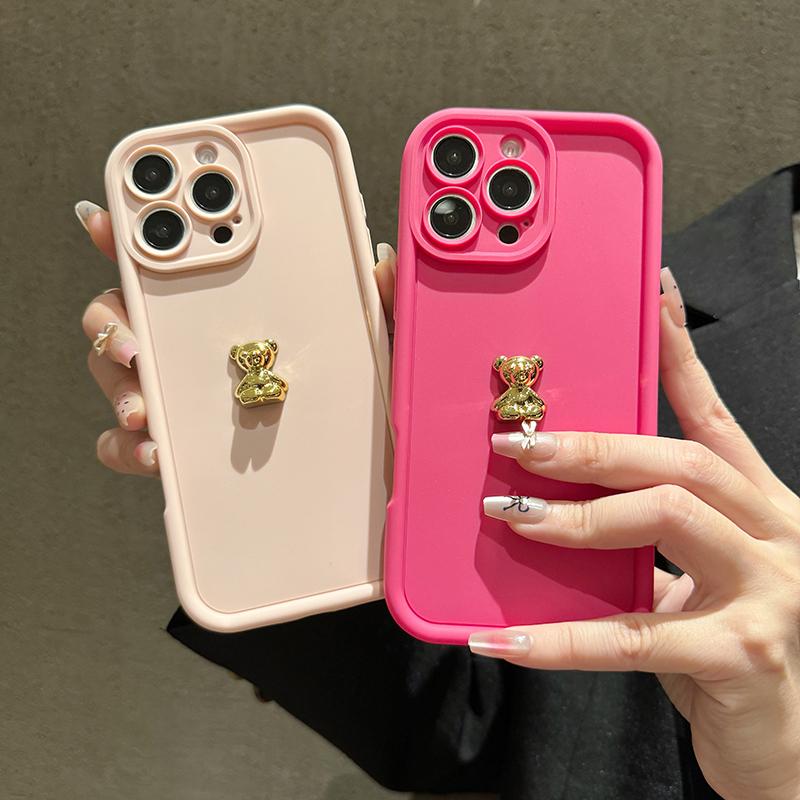 3D Gold Bear Silicone Soft Phone Case For iPhone 16 15 14 Pro Max 11 12 13 X XS XR 7 8 Plus SE  Shockproof Candy Matte Cover