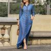 Elegant Women's Long Sleeve Denim Dress - Neutral Style Button-Down Maxi Dress with Lapel Collar and Pockets, Stylish Solid Color Long Dress for Casua