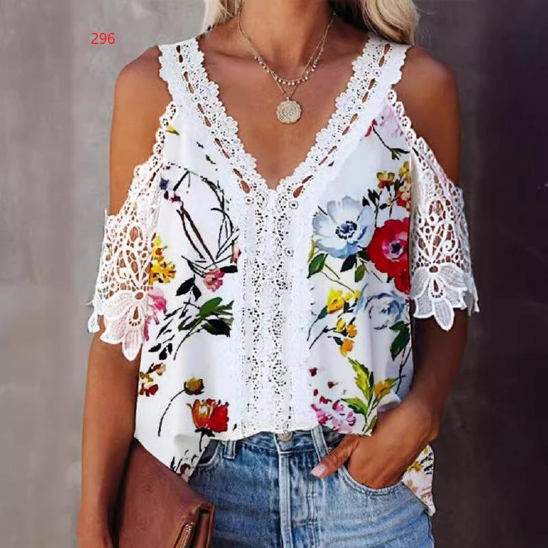

Модная свободная кружевная белая рубашка с V-образным вырезом и коротким рукавом, женская элегантная летняя блузка больших размеров, женские топы, сексуальные рубашки с цветочным принтом 26631 L