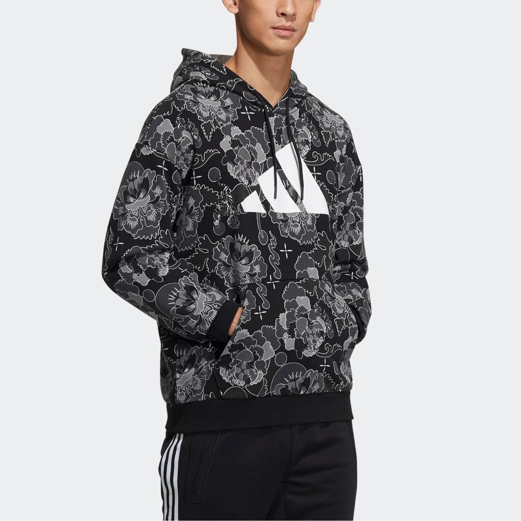 Adidas Aop Hoodie Casual Sport Pullover Men Tops Carbon-Black GT6483