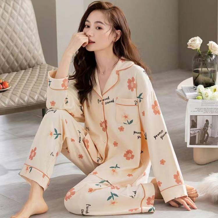 Women's 100% Cotton Long-Sleeve Pajamas for Middle-Aged & Elderly - Loose Cardigan for Autumn/Winter