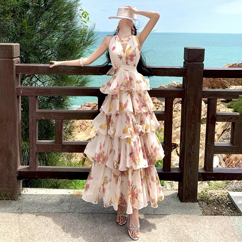 Chiffon Printed Lotus Leaf Edge Pendulum Dress Long Backless Super Fairy Vacation Dress Real Shot