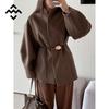 Women's High-End Brown Wool Trench Coat - Fashionable, Temperate Design with Waist-Cinching for Autumn & Winter