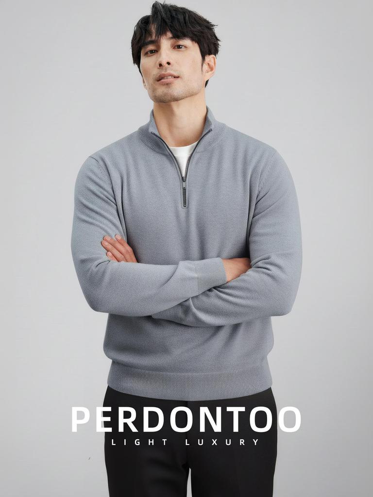 Luxurious, Soft, and Skin-friendly Men's Slim-fit Half-zip Stand-collar Wool Sweater; Thickened for Warmth In Autumn and Winter.