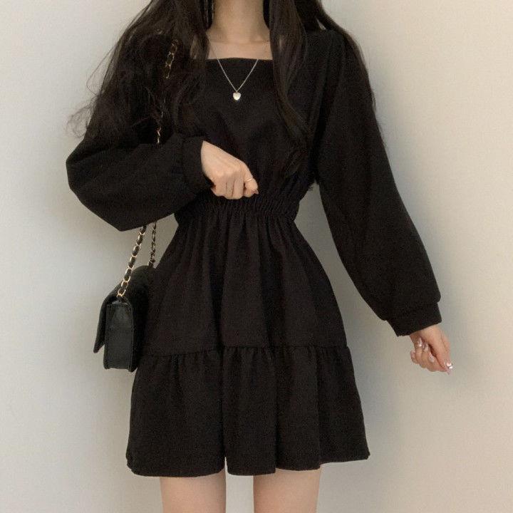 Korejské elegantní šaty mini délka s vysokým pasem dámské gotické černé šaty s dlouhým rukávem čtvercový límec, šaty ve sladkém vintage designu