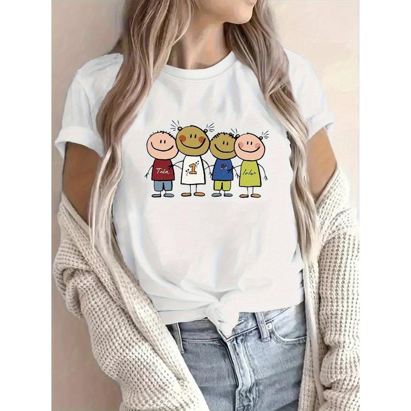 

2026 Summer Wo Casual Short Sleeve T-Shirt | Playful Cartoon Character and Letter Print, Round Neck, Pullover Top, Breathable Regular Fit, S белый
