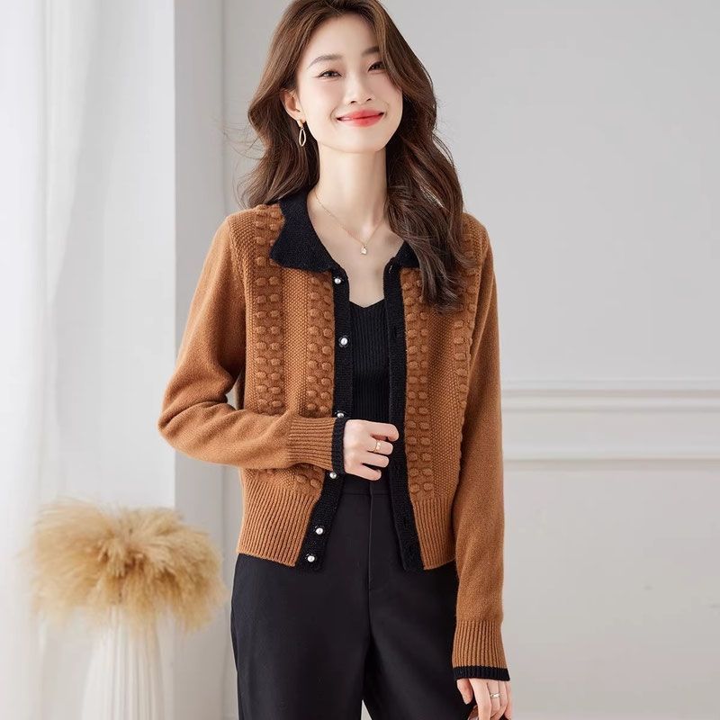 Women's Spring & Autumn Color-Block Collared Knit Cardigan High-End Outer Wear Stylish Top Sweater Short Jacket