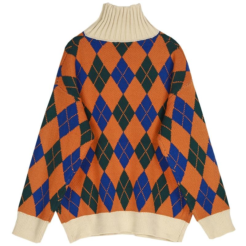 Vintage Plaid Women Sweater Autumn Cartoon Pattern Fashion Long Sleeves  Knitted High Collar Baggy Female Tops Pullover Sweater
