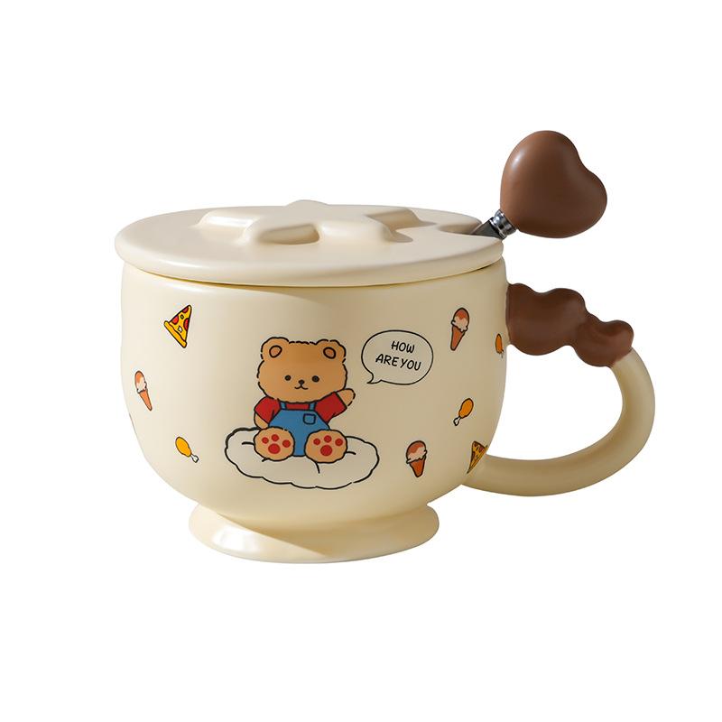Ceramic Water Cup with Lid Spoon and Afternoon Tea Cup with High Appearance Mug Cartoon Ceramic Cup Cute Cup