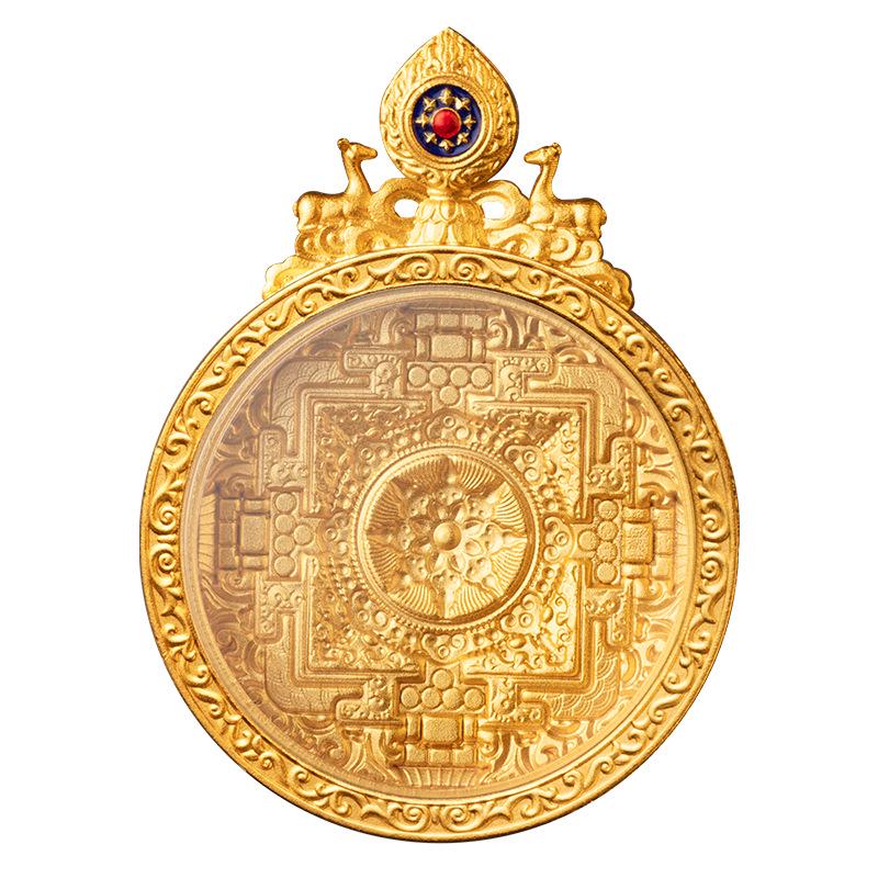 Authentic Double Deer Sutras Mandala Brass Pendant: Enamel High Relief, 3D Double-Sided Thangka Design