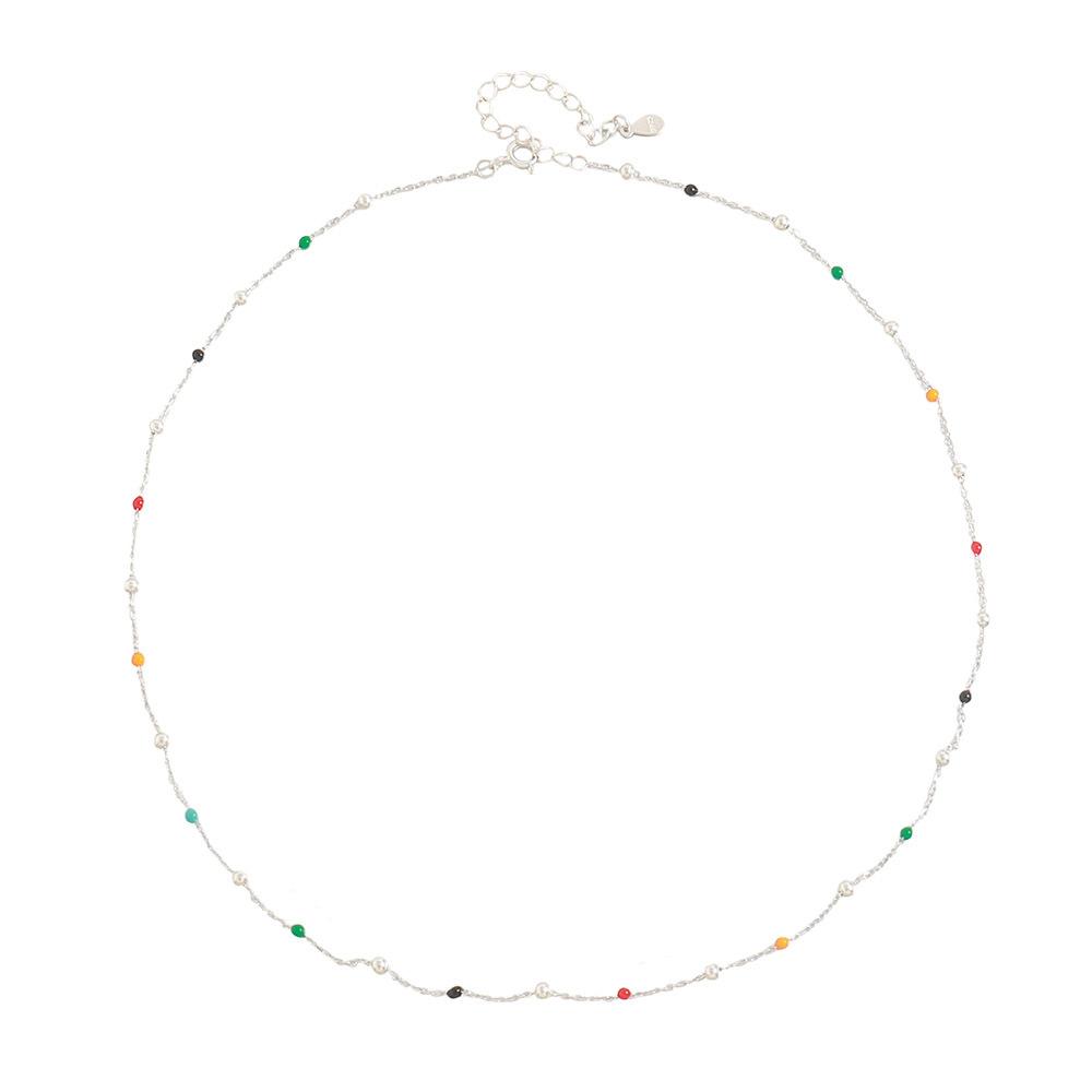 GEMCHIC Women s S925 Sterling Silver Necklace with Colorful Beads, Minimalist Korean Style Geometric Chain