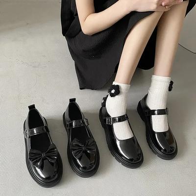 Japanischer Stil Süßer Schleifen-Flachschuh Schwarz Rund Zehenpartie Flache Sohle Ein-Zeichen-Schnalle Niedriger Absatz Mary Jane Schuhe