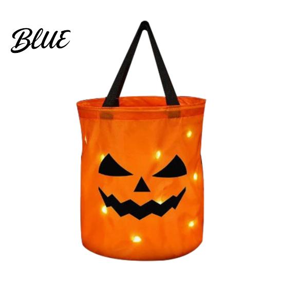 Durable Fabric Pumpkin Reusable Halloween Glowing with Candy Treat Bag LED Lights Illuminated Basket Tote for Kids Trick