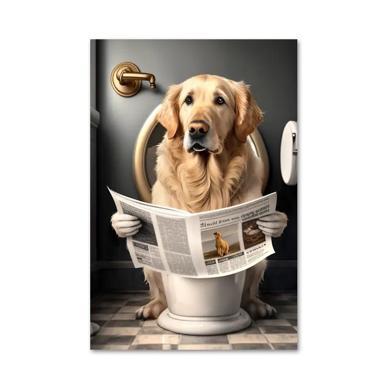 Funny Bathroom Humorous Animal Bear Dog Tiger Sitting On Toilet Reading Newspaper Canvas Painting Posters and Prints Wall Art