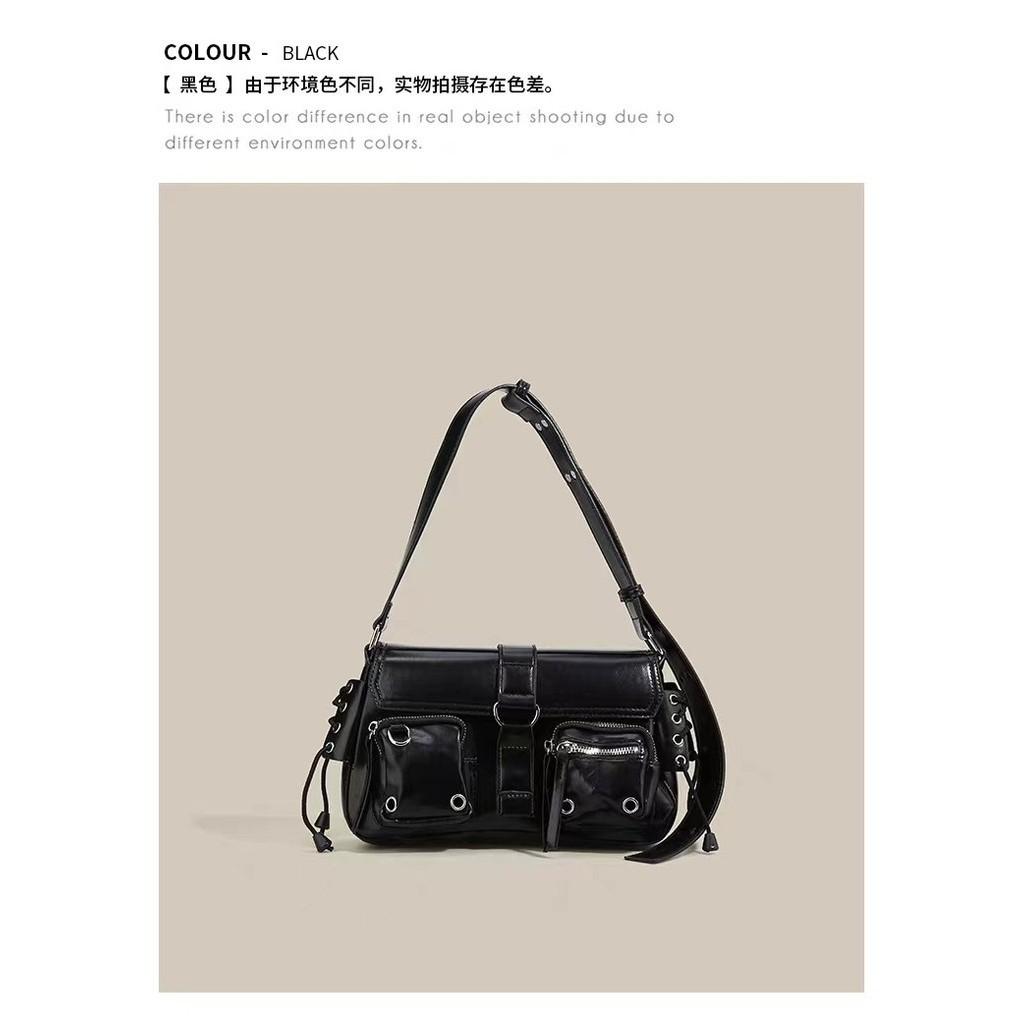 IELGY premium black locomotive bag, sweet and cool Spice Girl baguette bag, niche one-shoulder crossbody armpit bag