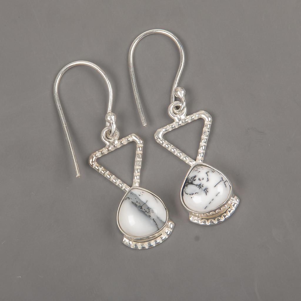 Natural Dendritic Gemstone 925 Sterling Silver Handmade White Stone Earrings 1.62" For Women EE-93-19