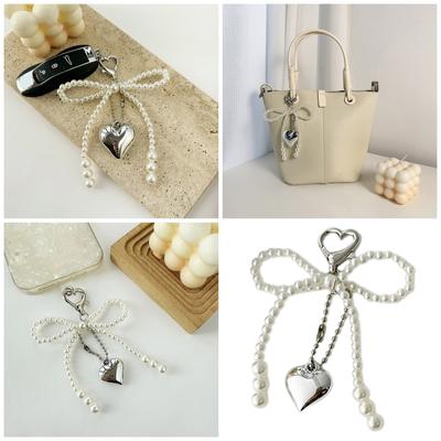 Chaveiro com laço de pérolas e coração doce, pingente para bolsa, pingente para celular, mochila feminina, bolsa, charmoso, decoração para pendurar