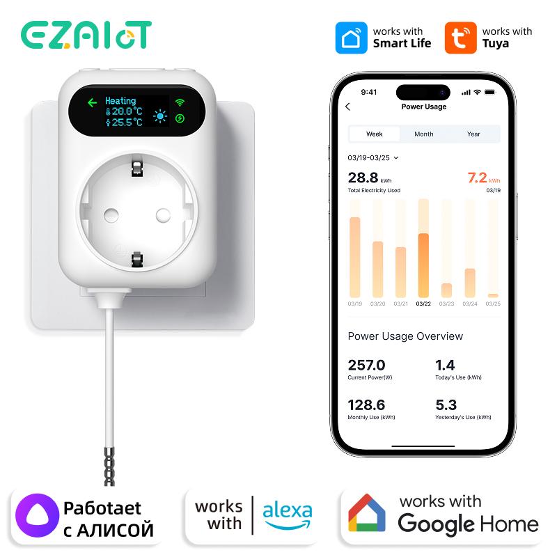 Tuya Wifi Digital Thermostat Socket 16A Precision Plug Remote Temperature Controller Timer Switch Cooling Heating 3M NTC Sensor