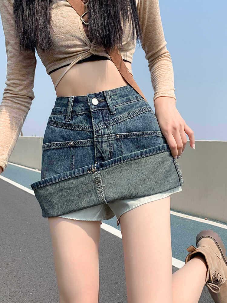 Retro Spicy Girl Plus Size Summer Denim Mini Skirt - Hip-Hugging, Slimming A-Line for Chubby Girls, Anti-Exposure Design