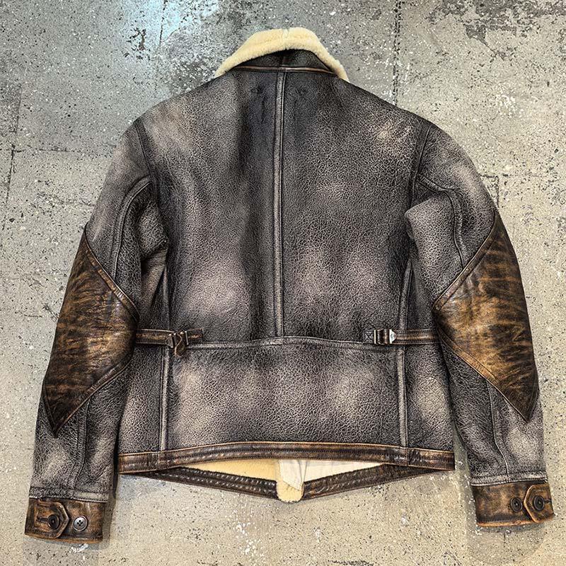 Replica RL retro casual fur integrated men's lapel oblique zipper heavy wash make old fur integrated coat