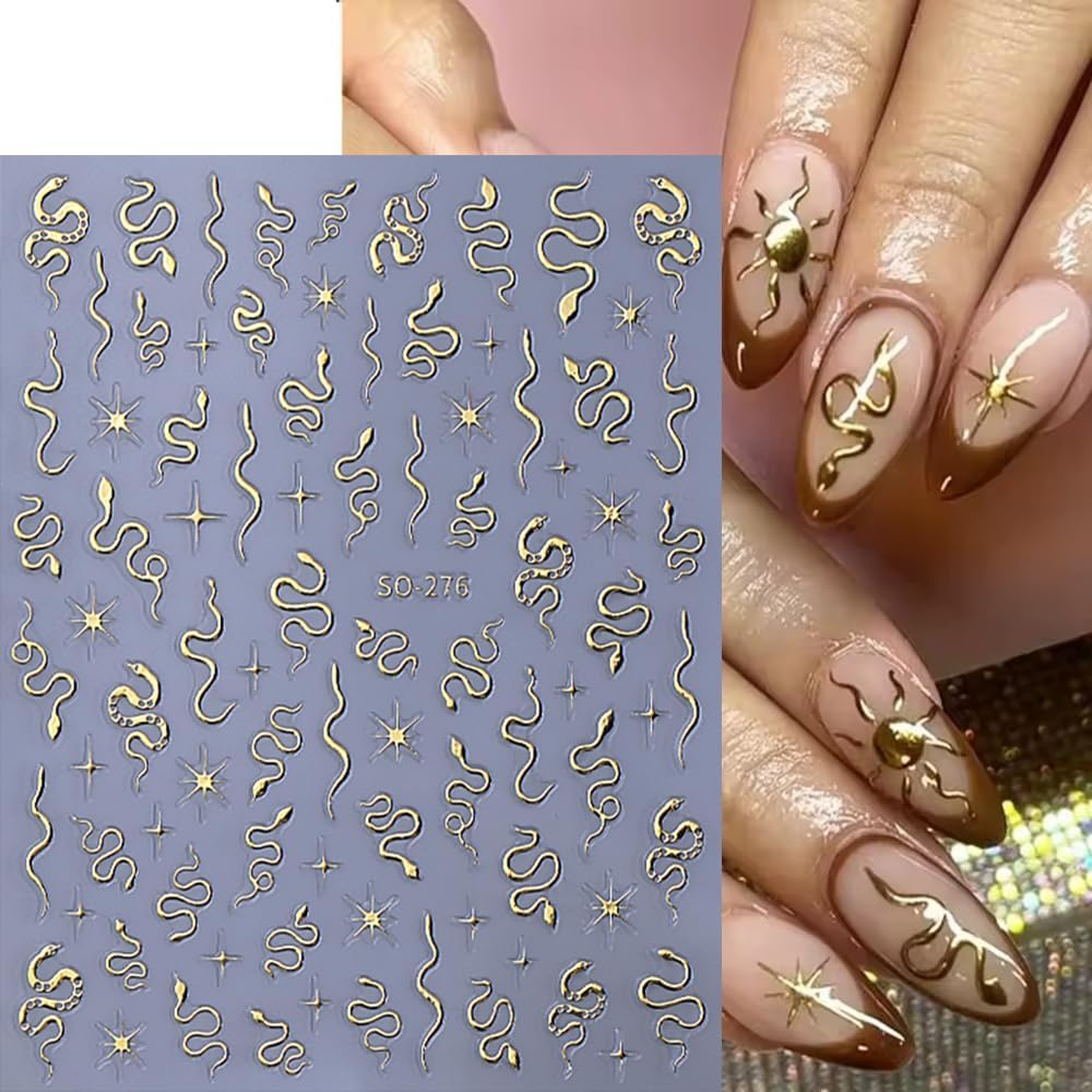 8 Sheets Nail Art Stickers, Gold Silver Star Snake Nail Decals 3D Self-Adhesive Laser Gold Silver Black Snake Nail Design Stickers DIY Manicure
