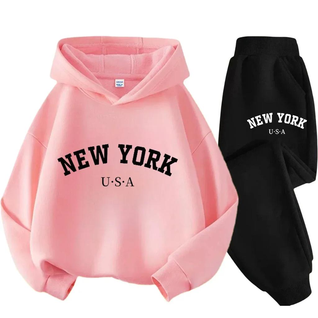 New York American Letter Print Children Hooded Sweatshirt Pants Two-piece Set Boy Girl Autumn Winter Daily Loose Warm