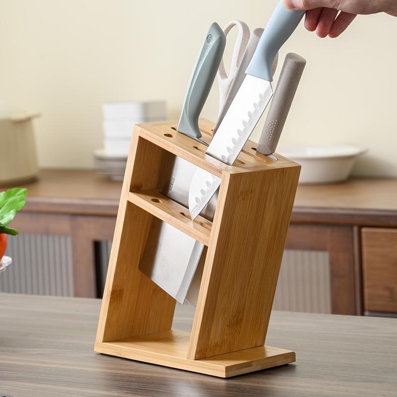 Bamboo Knife Holder: Solid Wood Slanted Stand with Ventilation, Multi-functional Storage Rack for Kitchen Knives Angled Knife Holder