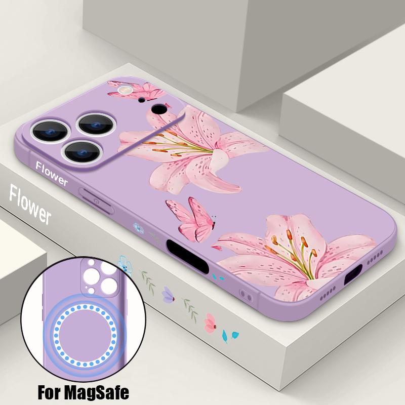 Vintage Flower Case For iPhone 17 Pro Max iPhone 16 15 14 13 Pro Max Magnetic For Magsafe Soft Silicone Phone Back Cover
