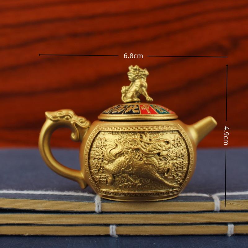 Brass Handle Rotating Dragon and Phoenix Mini Teapot for Mahjong Copper Crafts Gift