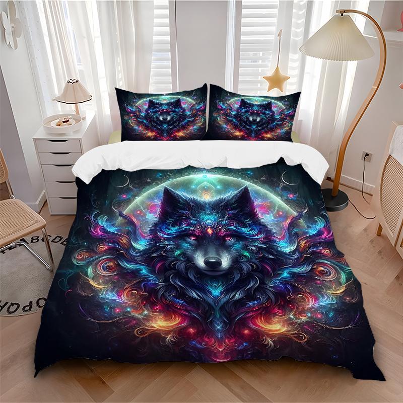 3pcs Psychedelic Journey Wolf Printed Quilt Set - Soft and Comfortable Quilt Cover for Bedroom, Guest Room and Dormitory
