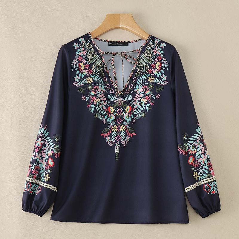 

ZANZEA Женская повседневная блузка с V-образным вырезом и длинным рукавом, свободная с принтом S темно-синий