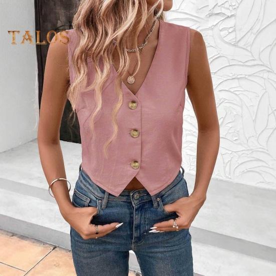 Dámské tílko bez rukávů s výstřihem do V, na knoflíky, krátké, letní, na vycházky, vesta, ležérní košile do práce