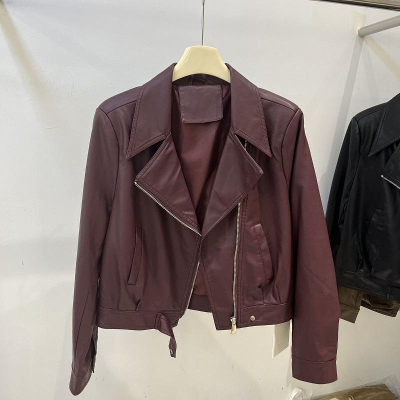 Women's Oversized Faux Leather Jacket Lapel Zipper Short Motorcycle Style Coat Casual Streetwear