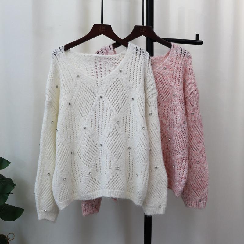 Heavy Industry Nail Drill Design Sense Knitted Sweater Top Autumn New Loose Hollow Sweater Pullover Women
